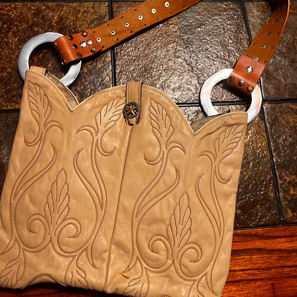 Vintage Beige Embossed Leather Shoulder Bag with Brown Strap